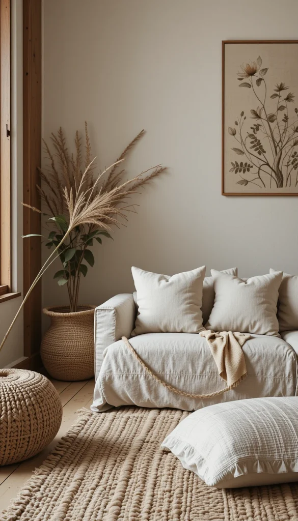 Layering is essential for creating warmth without clutter. Use linen, jute, wool, and raw wood to build a tactile but calm environment. These textures work together because they share natural roots. A woven rug paired with linen cushions creates depth without overpowering the room. You get softness, comfort, and authenticity all at once.