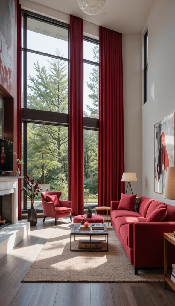 Red curtains can feel dramatic when paired with contemporary architecture. Choosing simple, floor-length panels keeps them elegant rather than theatrical. The fabric softens large windows and adds warmth to the room. This is especially effective in living rooms with high ceilings. The result feels luxurious and intentional.