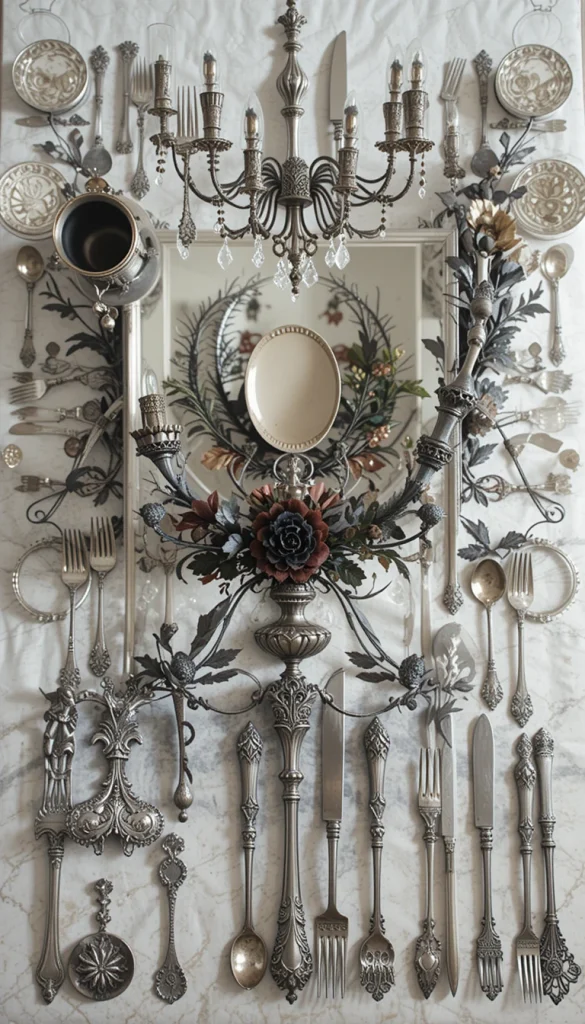 Antique or antique-style silverware instantly adds old-world sophistication. Tarnished silver, in particular, enhances the gothic mood. Mix-and-match pieces can feel charmingly eclectic, while full sets create a more formal look. Pairing silver with dark linens makes the metal stand out beautifully. Many homeowners source pieces affordably from vintage shops or estate sales.