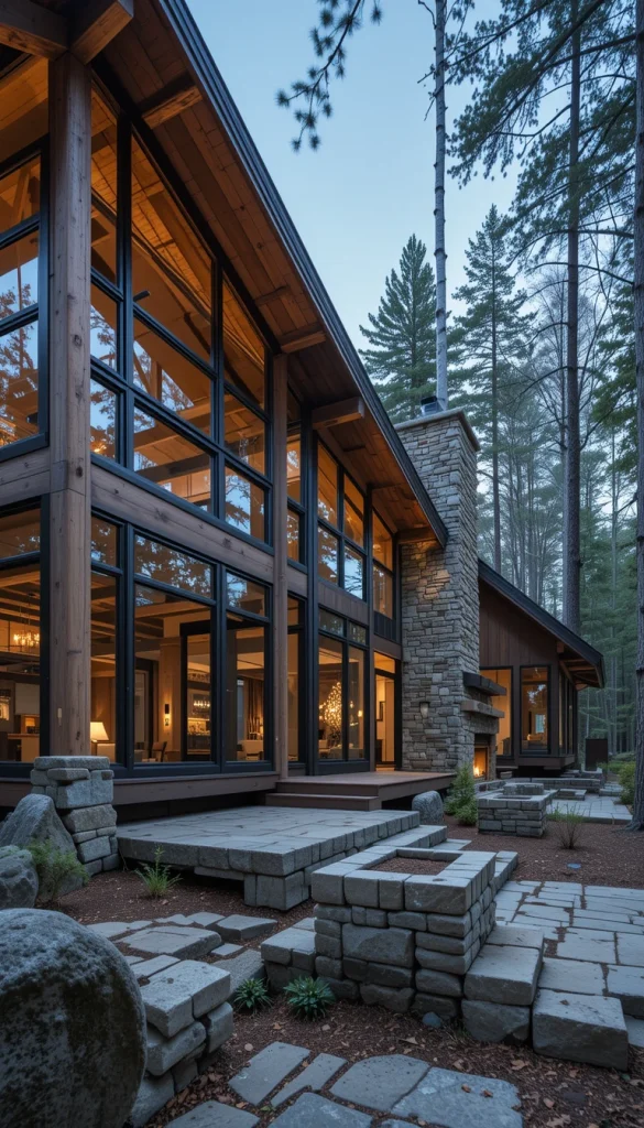 This exterior blends modern lines with subtle lodge-inspired warmth. Exposed timber beams soften the clean geometry of the structure. Large glass panels ensure the forest remains the focal point. Stone fireplaces or chimneys often anchor the design visually. The result is contemporary comfort with a nod to tradition.