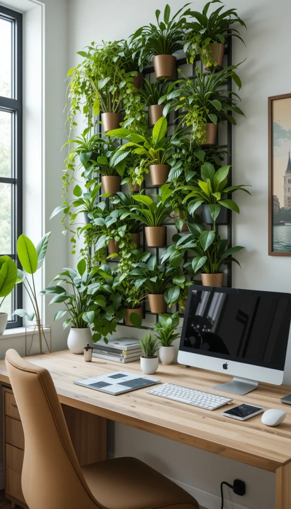Adding plants to your home office isn’t just trendy — it’s scientifically proven to boost mood and productivity. Vertical plant displays or wall-mounted planters are perfect for bringing in a touch of nature without taking up desk space. Choose easy-care plants like pothos, succulents, or philodendrons that thrive indoors and require minimal maintenance.
A plant wall or a series of small wall-mounted planters creates a lush, calming backdrop that makes your workspace feel more inviting. The natural green tones contrast beautifully with modern decor elements, making your office feel lively and vibrant. Plus, caring for plants provides a small daily ritual that can reduce stress and improve focus.