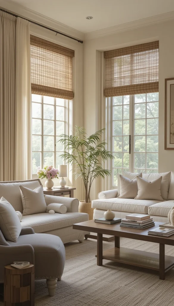 Light control is key for a calm living room. Choose linen curtains, bamboo shades, or soft cotton panels that provide privacy without blocking natural light. These materials add texture without heaviness. Natural light is one of Japandi’s best design tools, and simple treatments highlight it beautifully. Your room will feel brighter, softer, and more open.