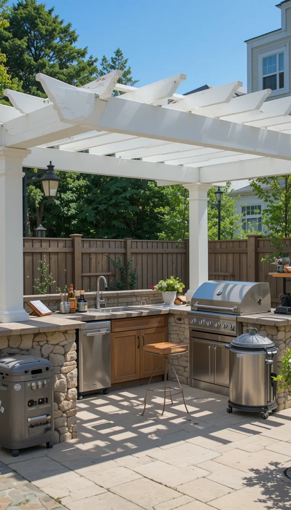 An outdoor kitchen pergola defines the cooking area. It provides shade and structure for appliances. This setup encourages outdoor entertaining. It turns cooking into a social activity. Many families use this as a summer hub.