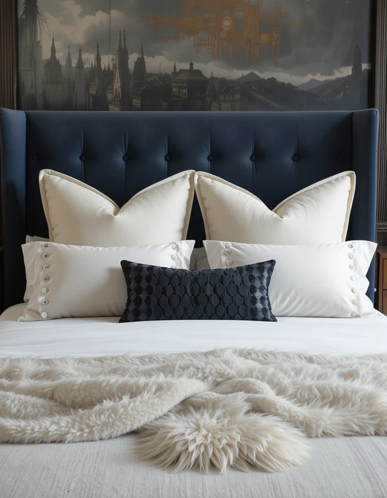 Euro pillows (the large square ones) are essential for a designer bed. They add height, structure, and a luxurious hotel feel. Place two for a queen or three for a king, propped firmly against the headboard. Choose covers that complement your duvet—linen, velvet, or subtly patterned fabrics work beautifully.