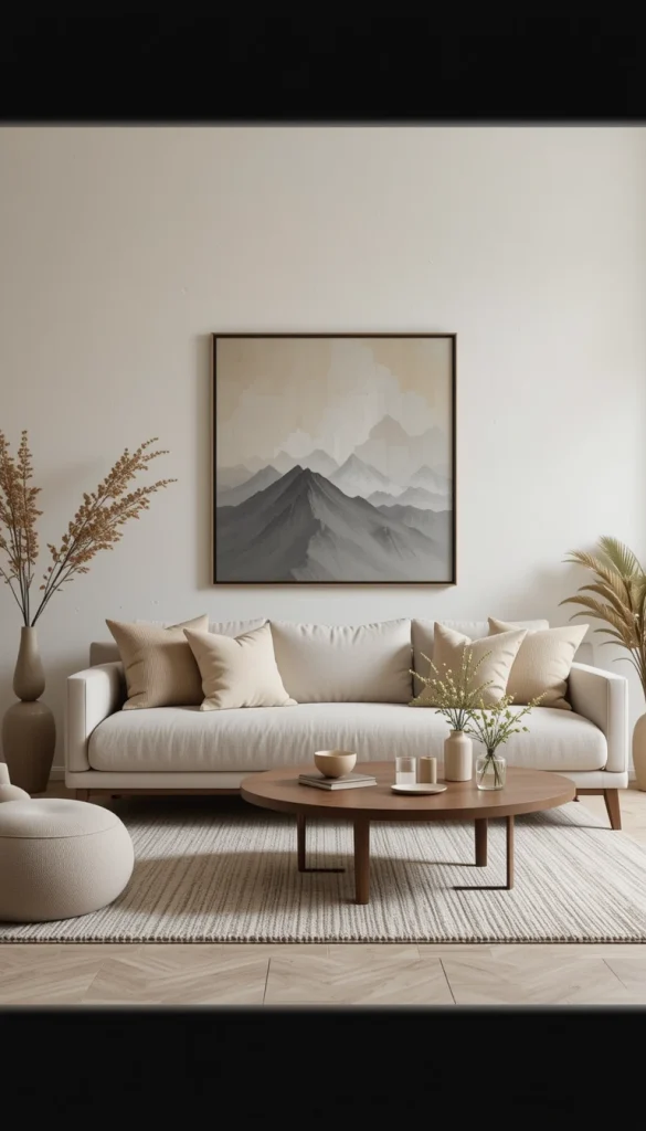 A neutral palette gives your living room a calm starting point, which is foundational to Japandi style. Colors like beige, sand, stone, and soft gray keep the space visually quiet without feeling cold. When everything starts from the same tonal family, your décor automatically looks more cohesive. It also makes it easier to bring in textures without overwhelming the eye. Real-life example: a simple beige sofa instantly looks more elegant when paired with lightly textured off-white walls.