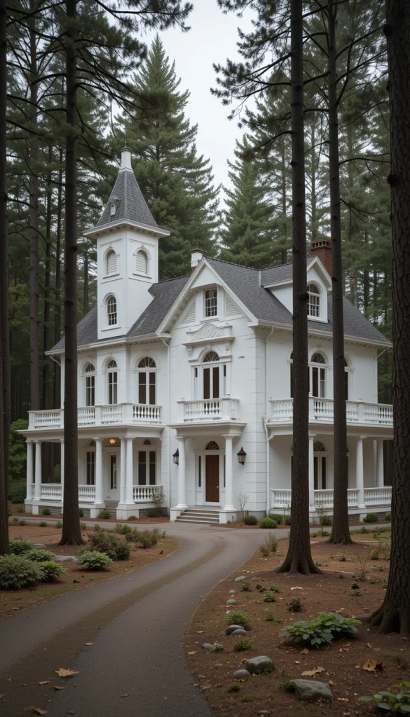 White exterior elements add contrast against dark trees and earth tones. Used sparingly, they highlight architectural features without overpowering the setting. Clean lines and simple volumes keep the design crisp. This style works best in forests with strong vertical tree lines. It proves that light colors can work in woodland settings when balanced correctly.