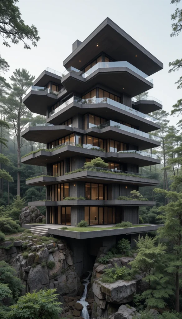 Instead of one massive structure, this home is composed of stacked and offset volumes. This breaks down the scale visually, making the mansion feel more approachable. Each volume interacts differently with the surrounding forest. Terraces and overhangs emerge naturally from the layered design. It’s an effective way to make large homes feel intentional rather than imposing.