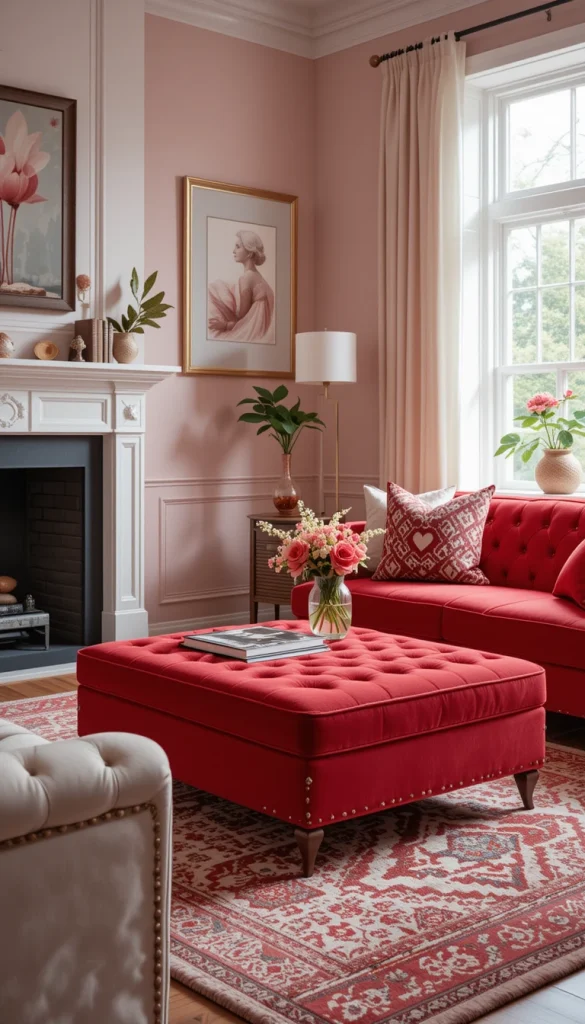 A red ottoman adds both function and flair. In contemporary spaces, low-profile designs keep the look streamlined. It provides extra seating while anchoring the color palette. This is a practical solution for smaller living rooms. It feels intentional and cozy.