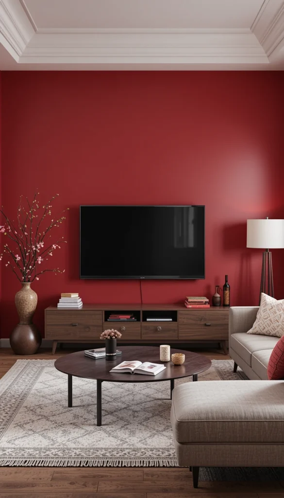 A matte red accent wall can feel surprisingly modern when done right. Choosing deep, earthy reds rather than glossy finishes keeps the space grounded. Pairing it with minimalist furniture prevents the room from feeling heavy. This works best behind a sofa or media unit for visual focus. It’s bold, romantic, and still contemporary.