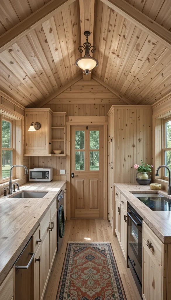 Smaller cabins benefit greatly from thoughtful wood placement. Instead of covering every surface, designers focus on key wood features like ceilings or built-ins. This keeps the space from feeling cramped. Light finishes and good lighting are essential. The result feels efficient, not restrictive.