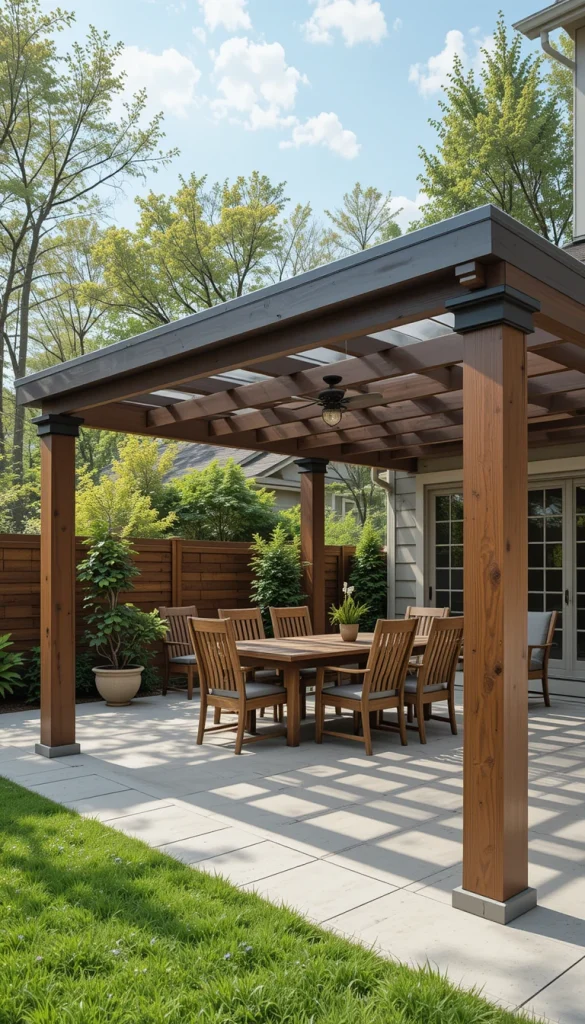 Solid roof panels provide full shade and rain protection. This makes the space usable year-round. It’s ideal for dining and lounging. Weather protection increases functionality. Many homeowners choose polycarbonate or wood panels.