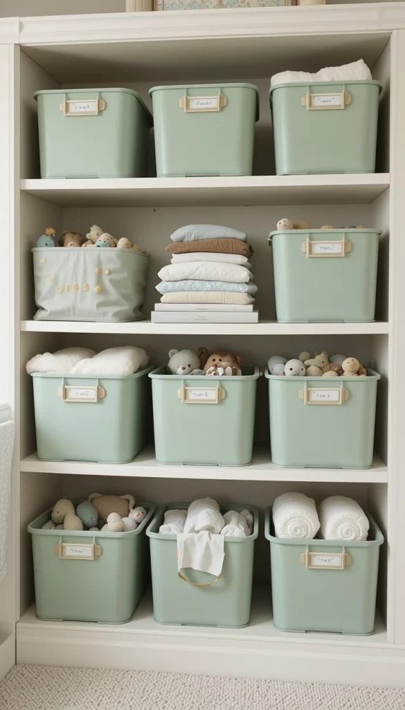 Storage isn’t just functional—it can look good too. Sage green bins add a pop of peaceful color while rounding up toys, blankets, and diapers. Matching containers create visual order, even if the inside is a bit chaotic. They work well on open shelving, keeping everything cohesive. This simple trick often makes the whole room feel instantly tidier.
