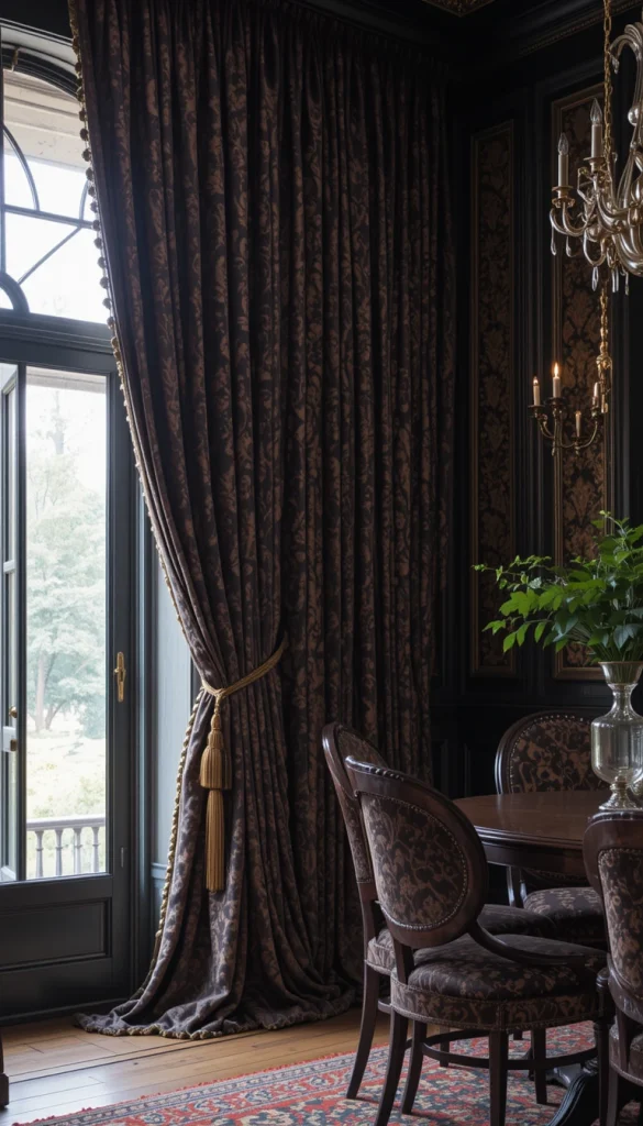 Thick fabric drapery in velvet, brocade, or jacquard instantly adds luxury and privacy. Floor-to-ceiling panels create the biggest impact. Use deep colors that complement your walls, or go darker for dramatic contrast. Tiebacks with tassels lean traditional, while metal holdbacks can feel modern-gothic. Heavy drapes also help with sound control, making the dining room feel more intimate.