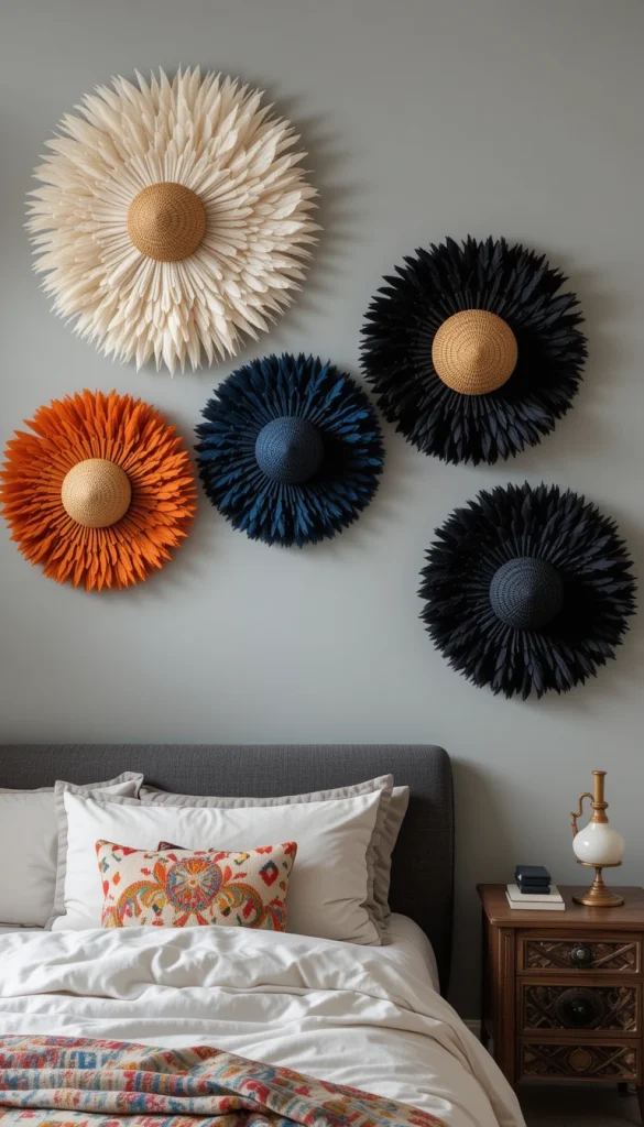 Juju hats from Cameroon make bold wall statements with their soft, circular feather design. They add texture and movement, instantly creating a focal point. Their neutral versions fit minimalist spaces, while brightly colored ones bring energy. They look especially striking above beds or sofas. Few décor pieces balance drama and softness as well as a Juju hat.