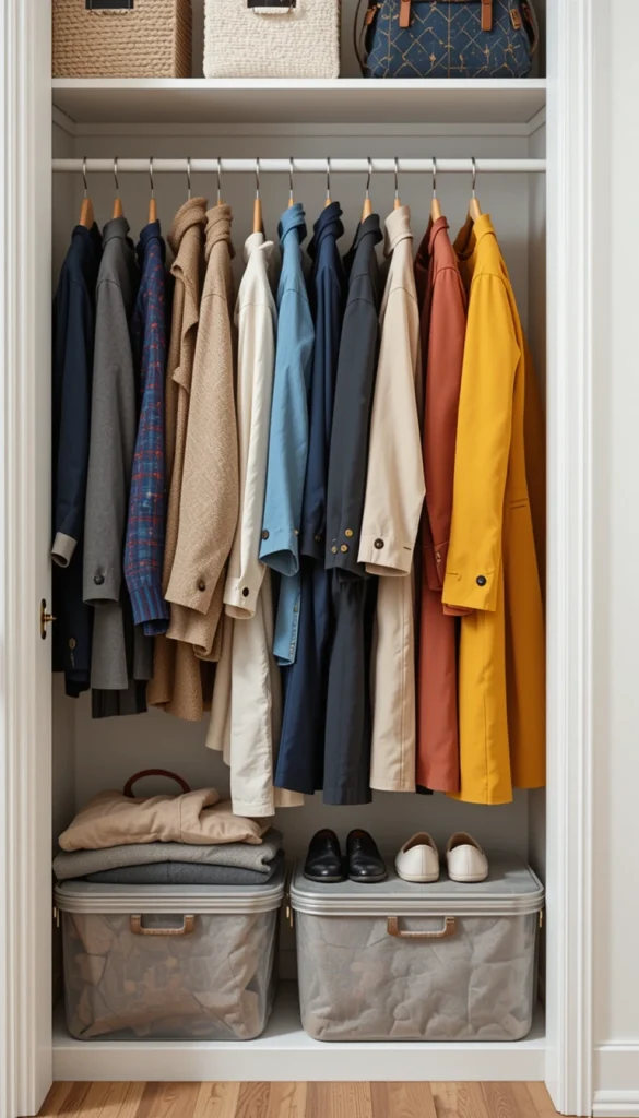 You don’t need winter coats in your way during summer. Rotate seasonal clothing into bins, vacuum bags, or higher shelves. This frees up space for what you actually need right now. Seasonal rotation keeps your closet relevant and less crowded. Less visual clutter equals faster decision-making.