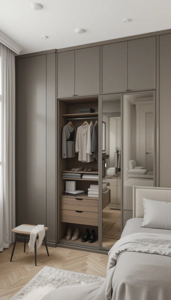 Wall-to-wall wardrobes maximize storage while maintaining a clean aesthetic. When matched to wall color, they almost disappear visually. This creates a calm, uncluttered bedroom environment. Internal organization becomes key to keeping it functional. It’s ideal for people who value simplicity above all else.