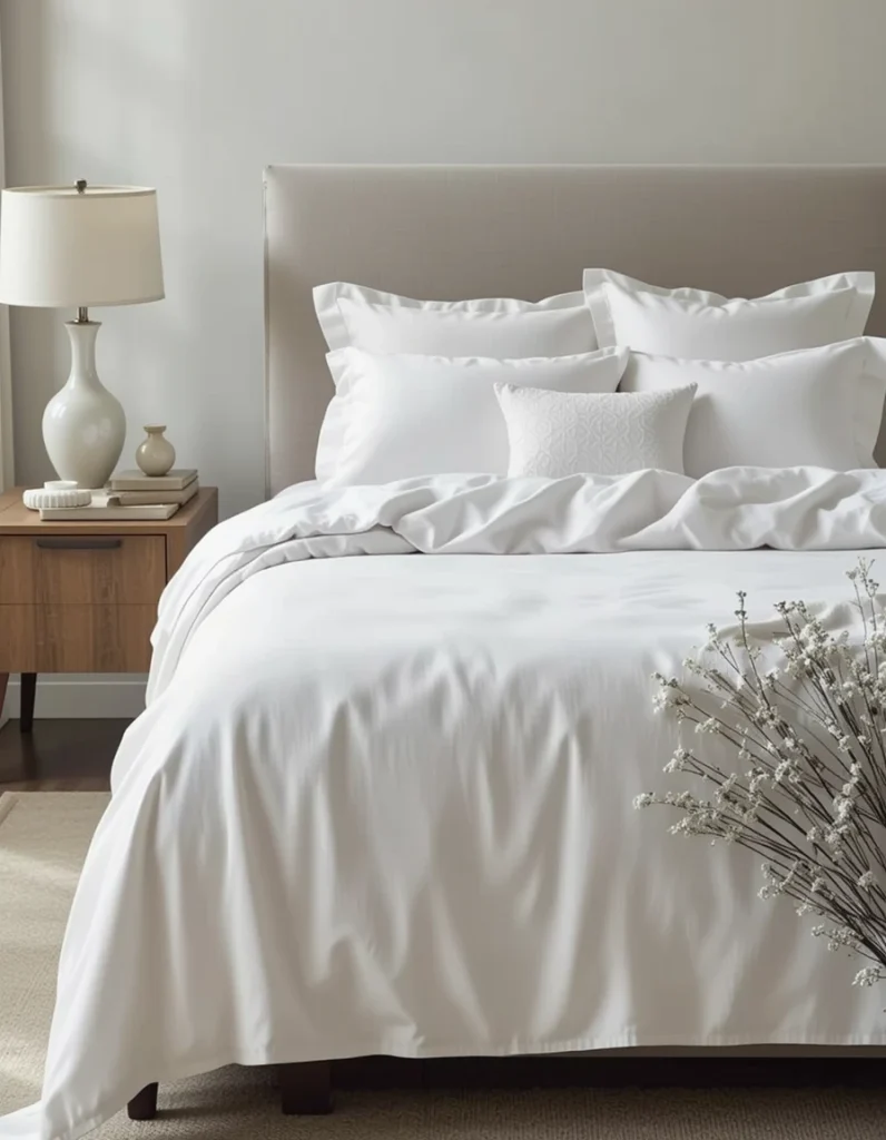 The fitted sheet sets the tone for the entire bed. Designers typically choose neutral shades—white, ivory, soft gray, or beige—because they create a clean backdrop for layering. Opt for natural fibers like cotton percale for a crisp look or sateen for a smoother, more luxurious feel. Pull it tight for a tailored finish.