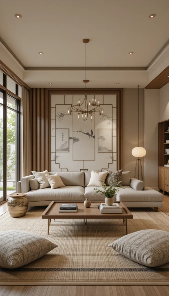 Furniture that sits closer to the ground encourages a sense of ease and relaxation. In Japandi design, low sofas, grounded coffee tables, and floor cushions create visual spaciousness. This works especially well in smaller living rooms because it opens up vertical space. Low-profile silhouettes also echo Japanese tatami-inspired living. You’ll feel the shift immediately—the room feels slower, softer, and more connected to the floor.