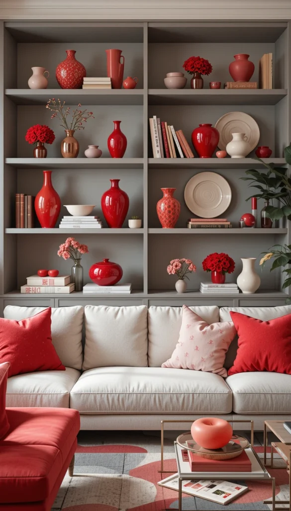 Red vases add color without overwhelming the room. Styling them on open shelves with neutral ceramics and bookscreates balance. The contrast keeps the space visually interesting but still clean. This approach works well in real homes where shelving already exists. It’s a small detail that makes a big emotional impact.