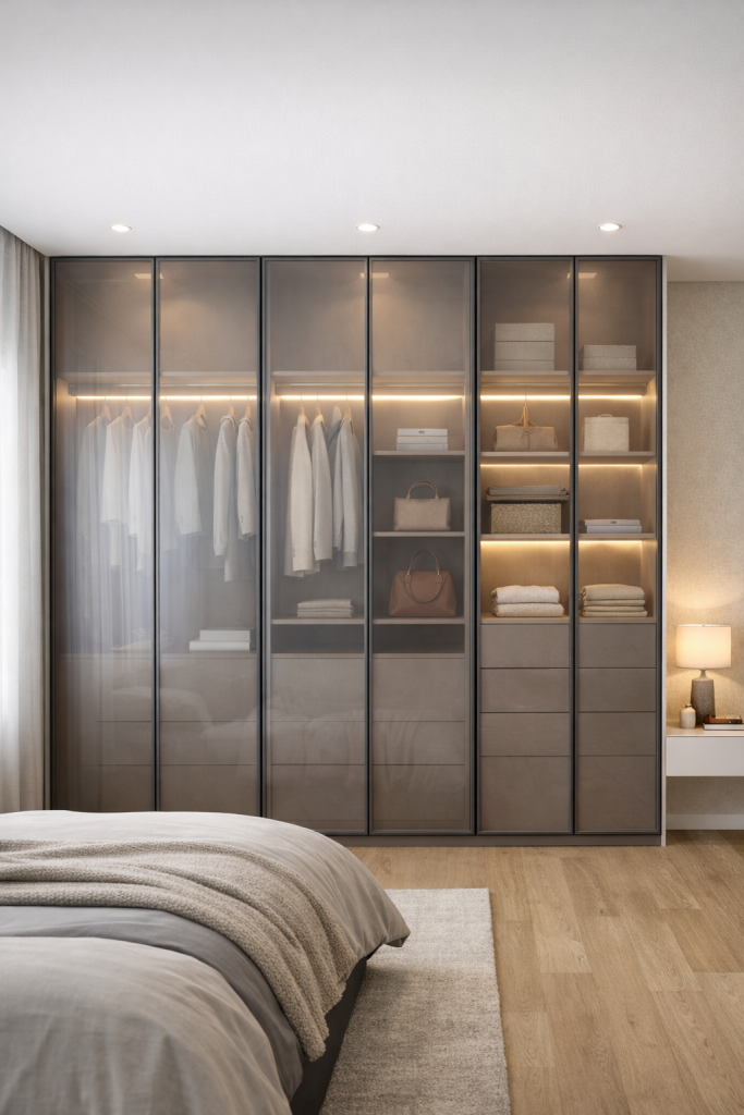 Glass-Front Wardrobe with Soft Lighting