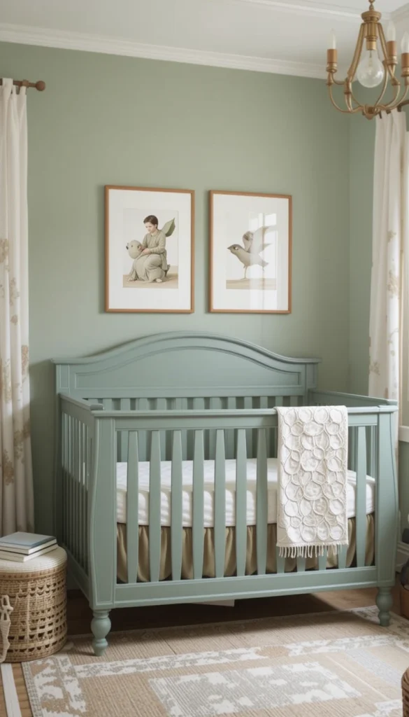 If you prefer neutral walls, a sage green crib can be the star of the show. This choice gives the room an intentional, designer look without needing much else. It also helps anchor the layout, especially if you’re working with an oddly shaped space. Pairing it with natural wood elements keeps it grounded and organic. And unlike trendier colors, sage ages gracefully as your baby grows.