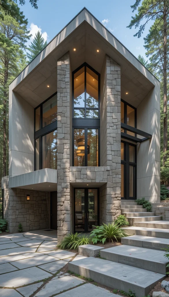This exterior leans into architectural drama, using poured concrete paired with natural stone accents. The sharp geometry feels modern, but the textures keep it from feeling sterile. Stone walls anchor the home visually to the forest floor, creating a sense of permanence. This style is ideal for homeowners who want bold design without sacrificing harmony with nature. It feels like a modern sculpture placed gently among the trees.