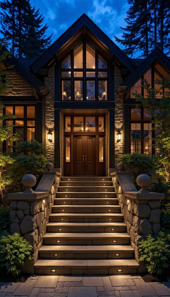 Exterior lighting is embedded into steps, walls, and overhangs. This avoids harsh fixtures while enhancing safety and ambiance. At night, the home feels calm and intentional rather than over-lit. The lighting highlights textures like wood and stone beautifully. Thoughtful lighting transforms the forest mansion after dark.