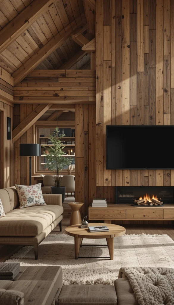 Not all wood needs to be smooth and polished. Textured or reclaimed wood adds character without going full rustic. When paired with modern furniture, it feels intentional and curated. This works well in feature walls or accent areas. It adds soul without sacrificing style.