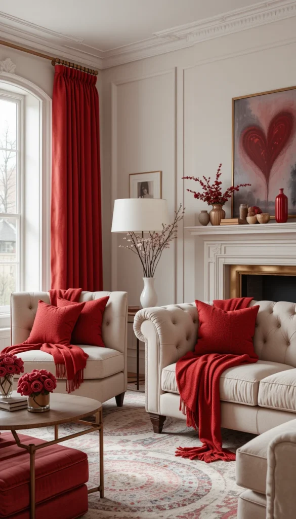 Layering red textiles with beige, cream, or gray creates a cozy Valentine feel. Think red throws draped casually over armchairs or sofas. The softness of fabric offsets contemporary furniture lines. This works especially well in colder climates where comfort matters. The room feels lived-in and warm, not staged.