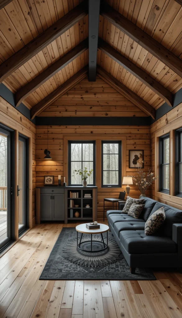 Black accents—like lighting, railings, or window frames—add sharpness to wood interiors. This contrast keeps the cabin from feeling too soft or traditional. The black elements ground the space visually. When used sparingly, they feel sophisticated rather than harsh. It’s a favorite in contemporary cabin design for good reason.
