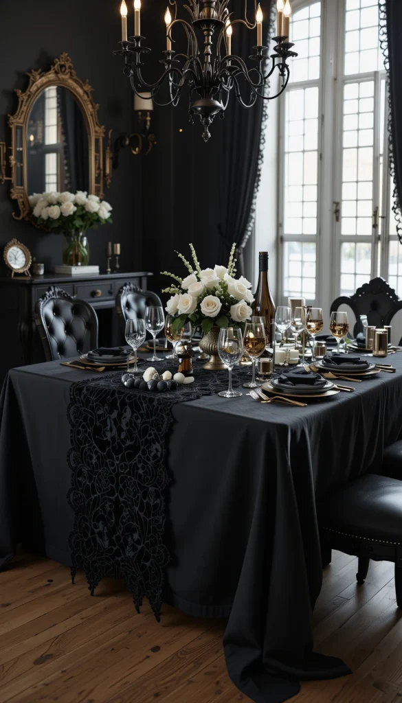 A black tablecloth is a simple way to create instant drama with minimal effort. It makes your tableware and centerpieces stand out more clearly. Runners in lace or velvet can add texture without overwhelming the table. This option is great for both everyday use and special dinners. Many people find this easier to maintain than lighter linens.