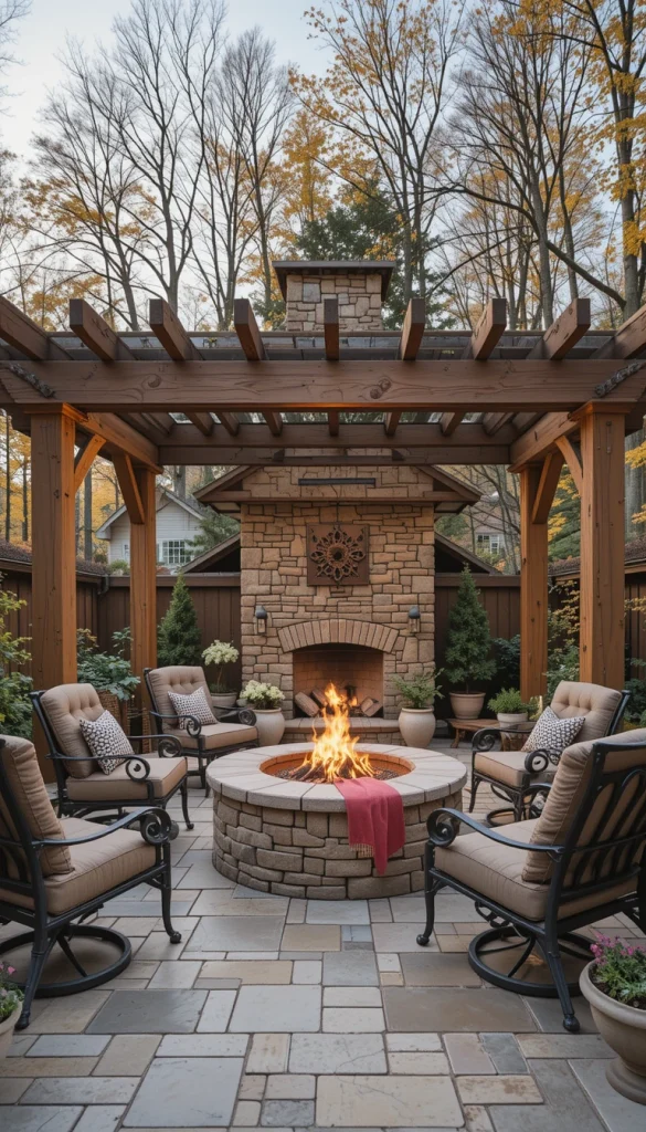 A pergola combined with a fire pit extends outdoor use into cooler months. The structure frames the fire area beautifully. This setup encourages conversation and relaxation. It creates a natural gathering spot. Many homeowners use this as their primary entertaining zone.