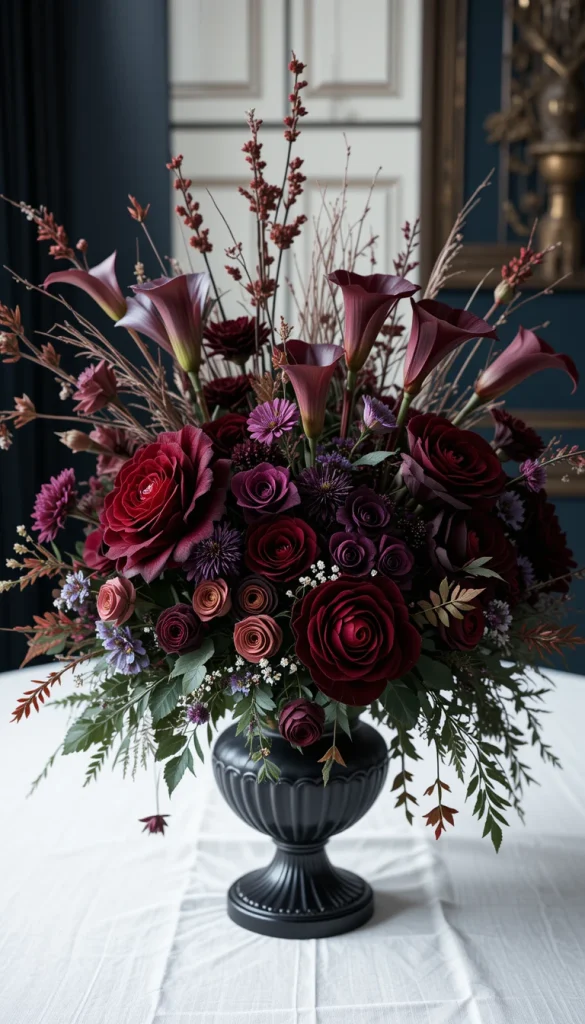 Dark florals—like black dahlias, deep red roses, or purple calla lilies—bring romance with an edge. Arranged in an antique vase, they anchor the table beautifully. Add dried flowers or branches for added gothic character. These arrangements can be refreshed seasonally to keep the décor feeling alive. Even a simple bouquet becomes dramatic with the right color palette.