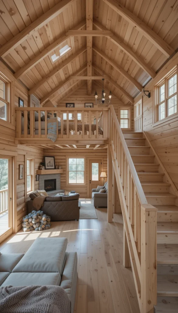 Lofts add architectural interest, especially in modern cabins. Wood railings or staircases maintain warmth while keeping the design cohesive. Open railings help light flow between levels. This setup feels social and spacious. It’s ideal for cabins that host guests.