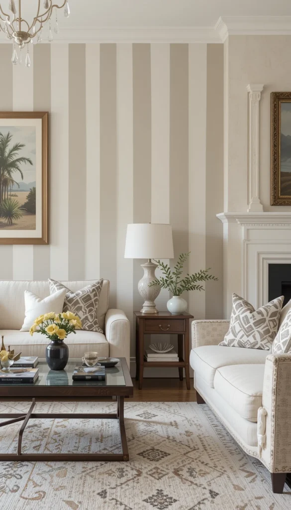 Cream and taupe stripes sit perfectly between classic and modern styles. They add depth without clashing with traditional furniture or newer accents. This combo works well in family living rooms where flexibility matters. The vertical lines subtly elevate the space without demanding attention. It’s a smart choice if you redecorate often.