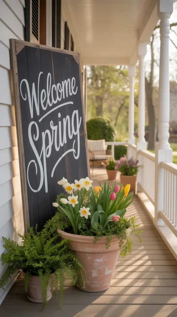 A simple spring sign can work if it’s kept understated. Opt for wooden signs with minimal text or hand-painted designsrather than loud graphics. Place it leaning against a wall or beside a planter. This keeps it decorative, not dominant. The porch should feel welcoming, not like a craft store display.