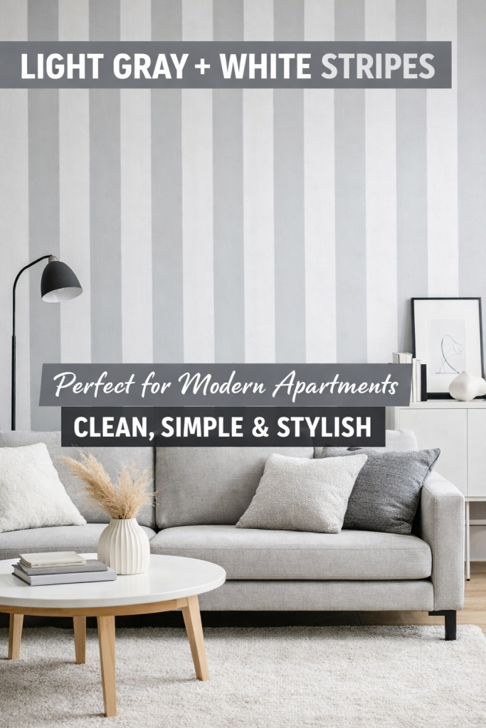 Light gray paired with white feels clean, current, and easy to live with. The vertical stripes add structure to minimalist living rooms that risk feeling too plain. This is especially effective in apartments with limited architectural detail. Gray grounds the space while white keeps it from going cold. The result feels intentional, not decorative filler.