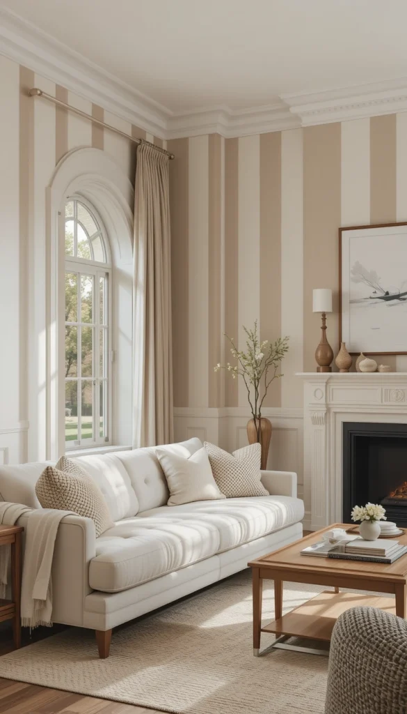 This look uses very subtle contrast to add interest without overwhelming the room. Beige and warm white stripes create gentle rhythm while keeping the space light and welcoming. It’s ideal if your living room already has texture from wood, linen, or woven decor. The stripes quietly stretch the walls upward, making ceilings feel taller. This works beautifully in open-plan homes where you want cohesion, not drama.