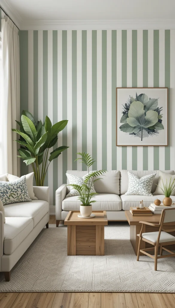 Sage green stripes bring in a natural calm that instantly relaxes a living room. Paired with off-white, the look stays fresh rather than earthy-heavy. Vertical stripes here enhance height while reinforcing a connection to nature. This works beautifully with plants, light wood, and neutral upholstery. It’s peaceful but still visually interesting.