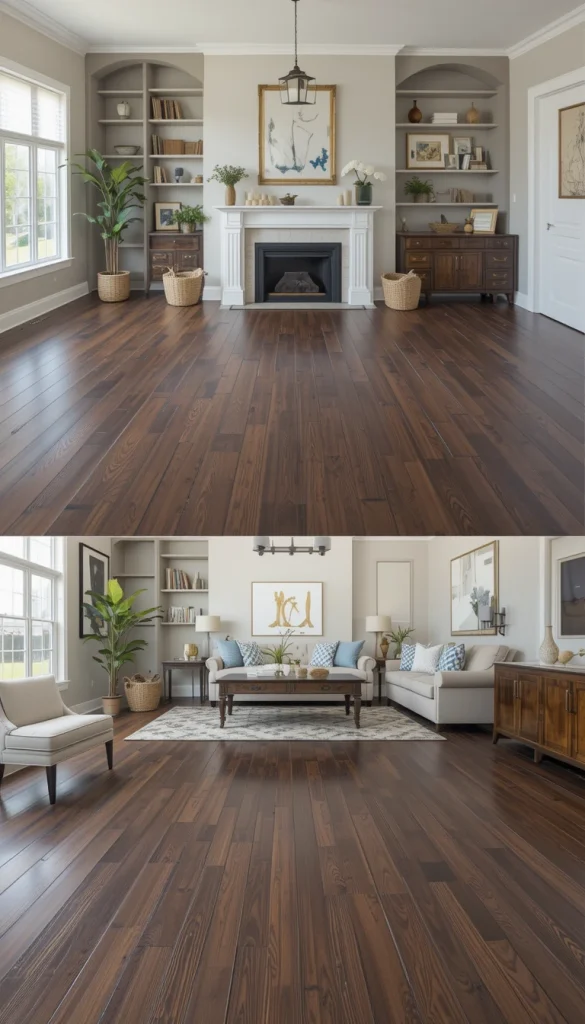 Dark stains instantly elevate basic hardwood planks. They add contrast, richness, and a more formal feel to open spaces. This approach works best when paired with lighter walls or furnishings to avoid heaviness. It’s a popular DIY choice because staining costs far less than replacing flooring. The transformation feels high-end, even when using standard wood boards.