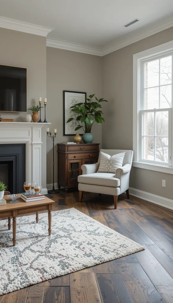 Painted hardwood floors are a lifesaver when your existing wood is worn but still solid. A coat of durable floor paint can hide stains, unify mismatched boards, and modernize a space fast. Light neutrals make small rooms feel larger, while dark colors add drama without new materials. This option works especially well in bedrooms, offices, and rentals where replacement isn’t realistic. It’s proof that hardwood doesn’t always have to show its grain to look intentional.