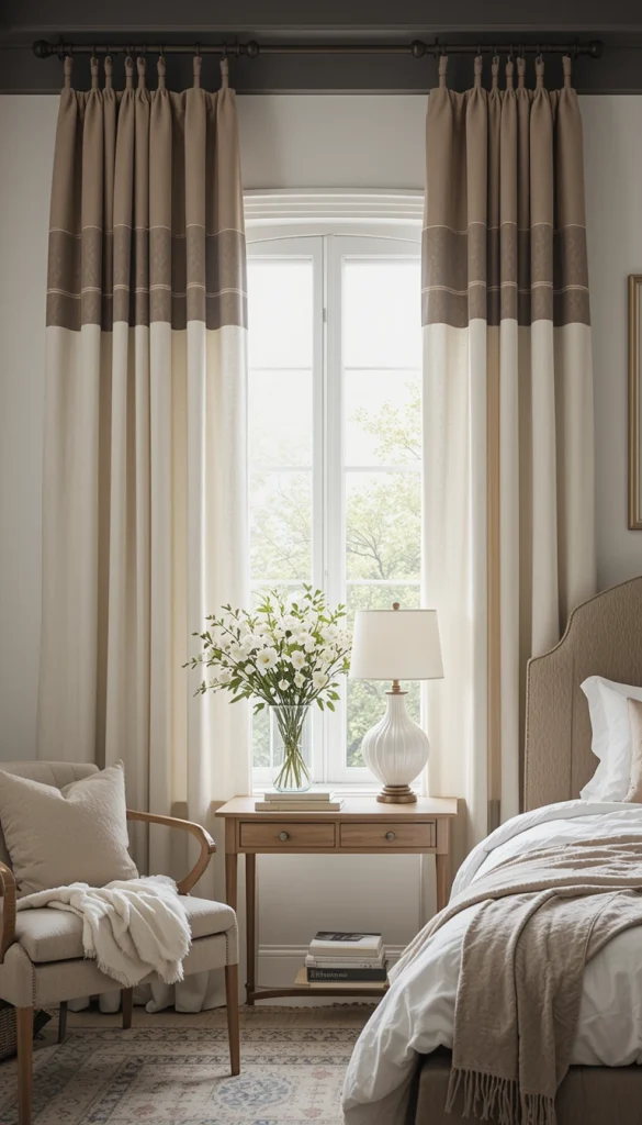 Two-tone curtains add visual interest while still feeling elegant when the colors are muted and related. A soft neutral paired with a subtle color creates depth without clutter. This works especially well in bedrooms with simple furniture and minimal decor. The design feels intentional and tailored rather than decorative. It’s a refined way to introduce color through detail rather than boldness.