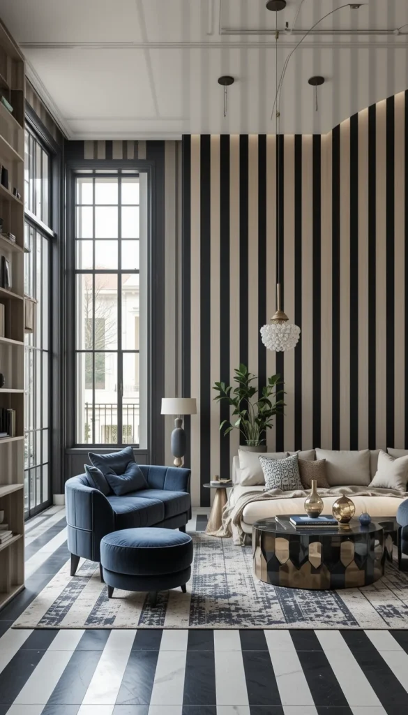 Wider stripes create a calmer visual rhythm than thin ones. They work especially well in large or open-plan spaces. Vertical orientation helps define the living area without walls. This approach feels intentional and architectural. It’s bold, but not busy.