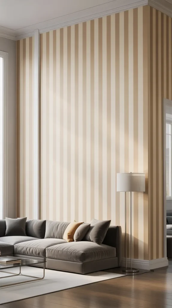 This is the most practical and effective approach. Neutral vertical stripes visually stretch the room upward instantly. They work with almost any furniture style or color palette. This is a real-life solution designers use often. If you want impact without regret, this is it.