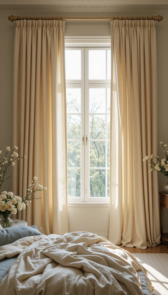 Cream curtains with subtle undertones—like peach, yellow, or green—add color in a very refined way. They look neutral at first glance but reveal depth as light changes throughout the day. This makes the bedroom feel layered and thoughtfully designed. They work beautifully in spaces where softness and cohesion are the main goals. This is an elegant solution for those who want color without commitment.