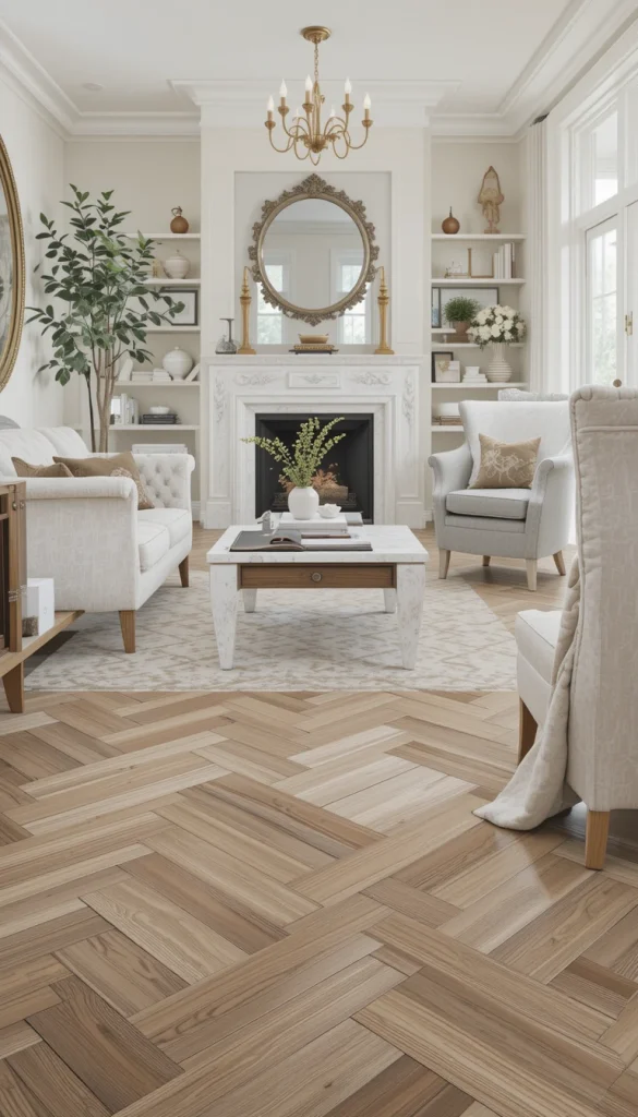 Herringbone is classic for a reason—it never feels dated. The repeating zigzag adds elegance and structure to open rooms. Many DIYers use engineered hardwood or precut pieces to simplify installation. It pairs beautifully with neutral decor and minimal furniture. This style instantly signals craftsmanship and intention.