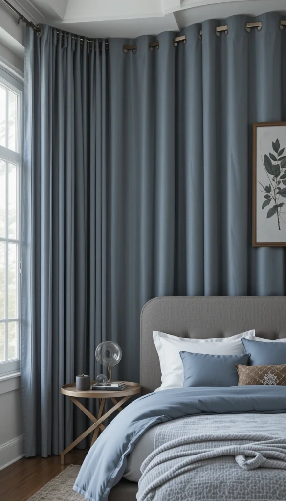 Slate gray curtains bring in color while still reading as neutral. The slight blue undertone adds interest without drawing too much attention. These curtains work well in bedrooms with cool-toned palettes or modern furniture, creating a cohesive and polished look. They also provide a great backdrop for layered bedding and artwork. This option is ideal if you want elegance first and color second.