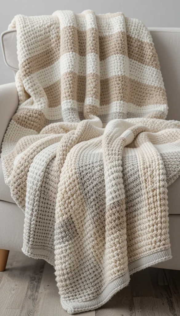 This striped crotchet blanket sticks to soft neutrals like cream, beige, and warm gray, making it incredibly versatile. The stripes are evenly spaced, which gives the blanket a clean and timeless feel that works in almost any room. It’s the kind of blanket that looks just as good folded over a sofa as it does spread across a bed. Many people love this style because it hides wear beautifully while still feeling intentional. In real homes, it often becomes the “everyday” blanket everyone reaches for.