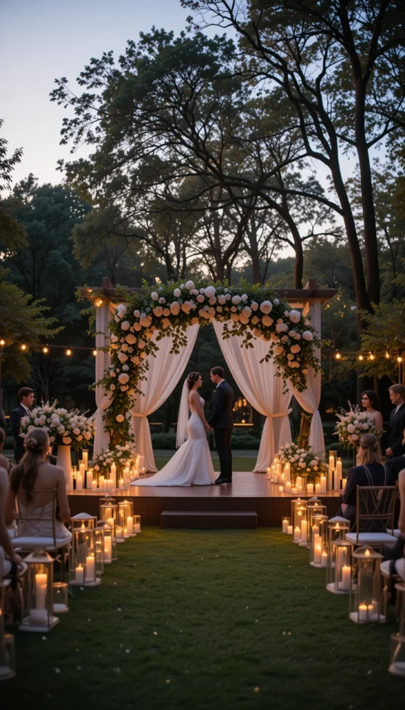 Candles transform an outdoor stage into something intimate and cinematic. Clustered at different heights, they create a soft glow that flatters both the setting and the couple. This works best for sunset or nighttime ceremonies when lighting becomes part of the atmosphere. Real-life weddings often use LED candles for safety without losing warmth. The result feels romantic, calm, and timeless.