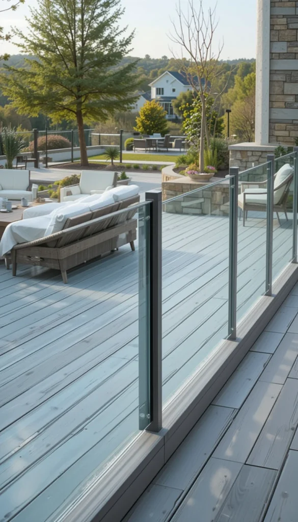 Pairing vinyl decking with glass or slim metal railings creates a clean, modern contrast. The vinyl provides durability, while the railings keep the space visually open. This combination is popular in homes with scenic views. It feels upscale without being delicate. The materials complement each other surprisingly well.